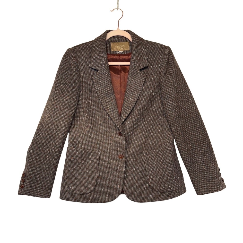 Saville Vintage Brown Tweed 100% Pure Wool Blazer Jacket Womens Size 8 Academic